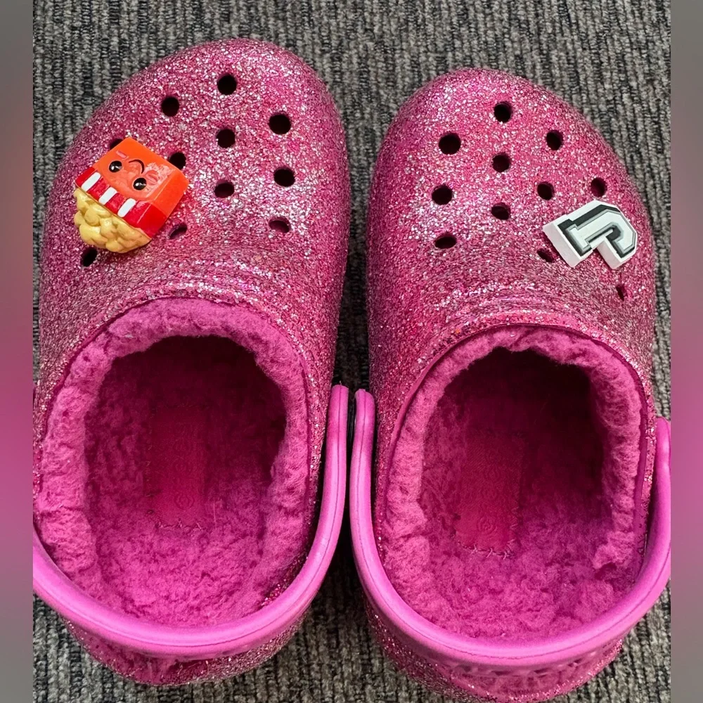 Crocs Classic Lined Glitter Clog Pink Sparkle Fuzzy Fuchsia Child's Size 6